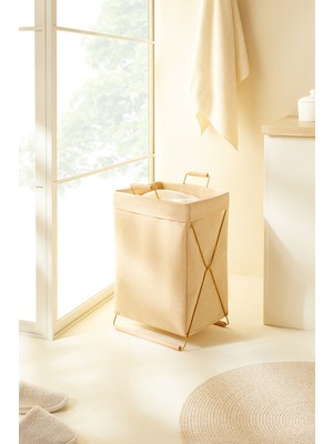 Ocean Home Textile Katlanabilir Metal Destekli Jüt Keten Düzenleyici Oyuncak Sepeti Çamaşır Sepeti 36x33x60 cm