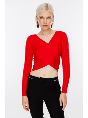 On Kadın Oversize V Yaka Crop Kazak - Uzun Kol