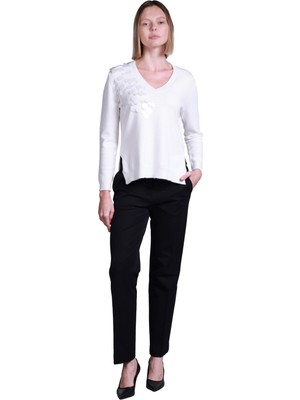 Only Sempre Kadın Minimalist V Yaka Uzun Kol Kazak - Şık Pullu Detay