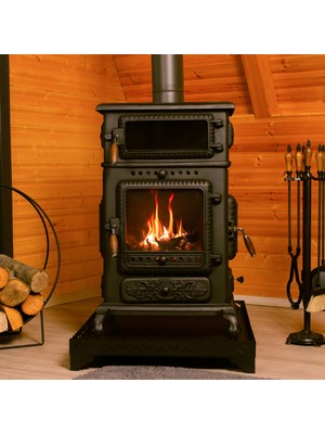 Stella Fırınlı Döküm Soba - %100 Döküm, Ahşap Kulp, Yan Camlı Döküm Soba
