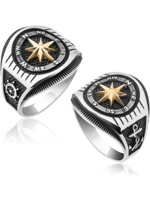 Gumush Gümüş Çapa Detaylı Pusula Erkek Yüzük