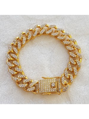 Canka 2 cm Taşlı Cuban Gold Bileklik Unisex