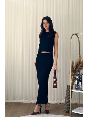 Klex Bisiklet Yaka Kolsuz Üst ve Kalem Etek Ikili Takım-Siyah - M