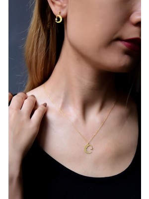 Papatya Silver 925 Ayar Gümüş Gold Atatürk Silüeti Kolye ve Küpe Takım Atatürk