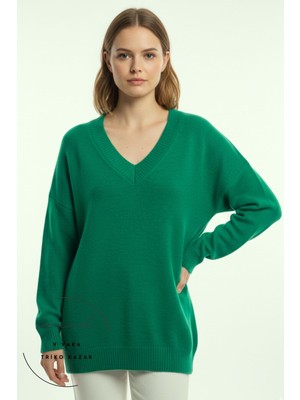 Sermoda Kadın Kazak - V Yaka Triko Kadın Kazak  330 Zümrüt Yeşil