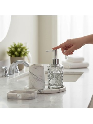 Odi Home 4 Lü Taş & Cam Banyo Seti Beyaz - Gri Mermer Desenli 4'lü Sabunluk Seti 18 cm
