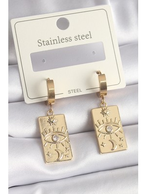 Ayder Timya 316L Çelik Gold Renk Zirkon Taşlı Göz İşleme Detay Plaka Model Kadın Küpe - TJ-BKP9698 TG/Tmya1395 218428