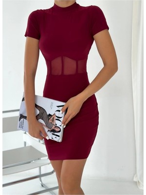 Qutta Kadın Tül Detaylı Kısa Kol Yarım Balıkçı Yaka Kadın Elbise