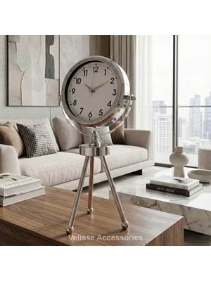 Velisse Accessories Dekoratif Krom Tripod Ayaklı Metal Masa Saati - Sessiz Akar Mekanizma (45X25 Cm)