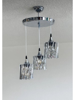 LED Yeni Model 3 Sarkıt Kristal Lüx Avize 3 Ampüllü Krom Renk