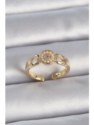 Ayder Timya Pirinç Gold Renk Zirkon Taşlı İncili Kalp İşleme Detay Ayarlanabilir Kadın Yüzük - TJ-BYK3358 TG/Tmya1395 218385