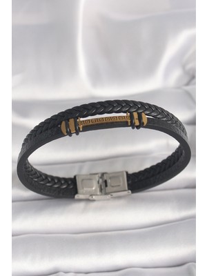 Clariss 316L Çelik Gold Zikzak Işlemeli Çift Sıra Burgu Desenli Deri Kordon Erkek Bileklik -BLK-0829