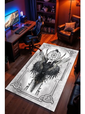 Viking Pagan Desenli Kaymaz Taban Makinede Yıkanabilir Gaming Oyuncu Gamer Genç Odası Halısı