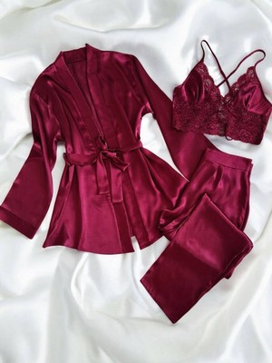 Çeyize Dair Herşey Bordo Rüya – Saten Sabahlıklı 3’lü Takım