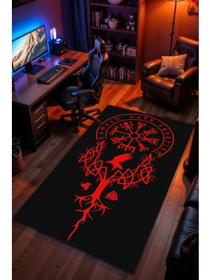 Viking Pagan Desenli Kaymaz Taban Makinede Yıkanabilir Gaming Oyuncu Gamer Genç Odası Halısı