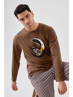 Koza İç Giyim Erkek Pamuklu Uzun Kollu Üst Astronot Baskılı Alt Çizgili Pijama Takımı