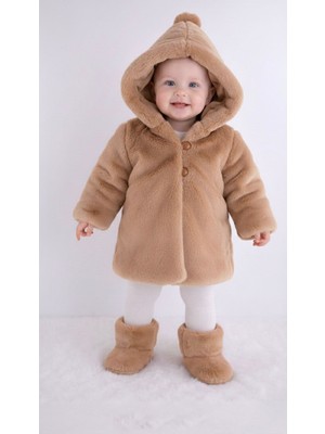 Butik Kız Bebek - Çocuk Peluş Külah Kapüşon Detaylı Kaban - Mont
