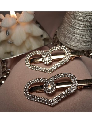 Twinroots Metal Taşlı Kalp Modeli Gold Renkli Ikili Pens Toka