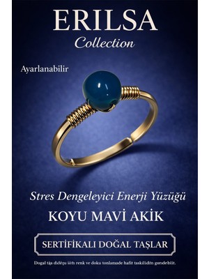 Erilsa Sertifikalı Stres Dengeleyici Enerji Yüzüğü – Koyu Mavi Akik Ayarlamalı Gold Ince Oğlak Kova Burcu