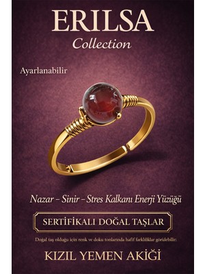Erilsa Sertifikalı Nazar Stres Kalkanı Enerji Yüzüğü - Kızıl Yemen Taşı Gold Ayarlanabilir Koç Aslan Burcu