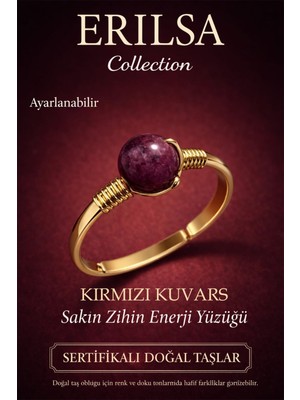 Erilsa Sertifikalı Sakin Zihin Enerji Yüzüğü – Kırmızı Kuvars Taşı Ayarlanabilir Gold Ince Koç Aslan Burcu