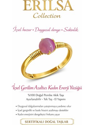 Erilsa Sertifikalı Pembe Akik Içsel Gerginlik Azaltıcı Kadın Enerji Yüzüğü -Ayarlanamalı Gold Terazi Burcu