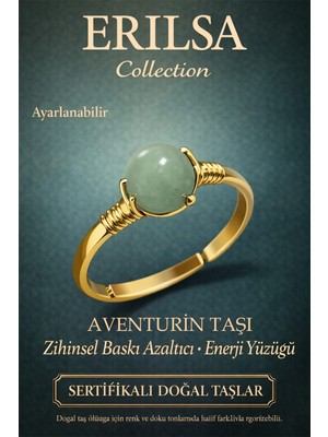 Erilsa Sertifikalı Zihinsel Baskı Azaltıcı Yüzük – Aventurin Taşı Ayarlanabilir Gold Boğa Terazi Yengeç