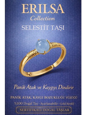 Erilsa Sertifikalı Panik Atak ve Kaygı Denge Yüzüğü – Selestit Taşı Ayarlanabilir Gold Balık Yengeç Burcu