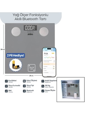 Go İthalat Gri Yağ Ölçer Akıllı Bluetooth Cam Baskül Pilli 180KG/50GR 28X28CM 8-Kişi Hafıza LCD Ekran ℃ Gösterge SBS-4469 (5250)