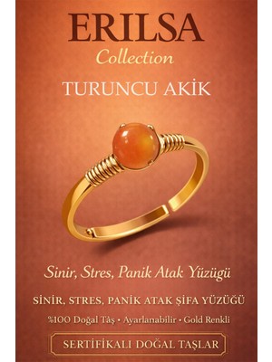 Erilsa Sertifikalı Sinir Stres Panik Atak Yüzüğü – Turuncu Akik Taşı Ayarlanabilir Gold Kasa Koç Aslan Yay