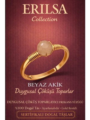 Erilsa Sertifikalı Beyaz Akik Duygusal Çöküş Toparlayıcı Enerji Yüzüğü - Ayarlamalı Gold Yengeç Balık Burcu