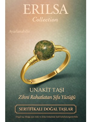 Erilsa Sertifikalı Zihni Rahatlatan Şifa Yüzüğü – Unakit Taşı Ayarlanabilir Gold Ince Başak Terazi Burcu
