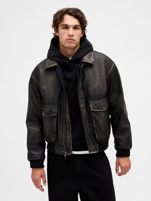 Gap Erkek Siyah Recycled Vegan Deri Bomber Ceket