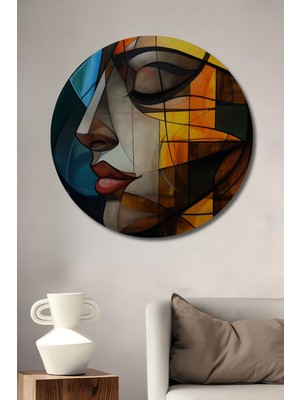 Teona Ahşap Soyut Yüz Portresi Yağlı Boya Görünümlü Ahşap Dekoratif Tablo Yuvarlak Duvar Tablosu