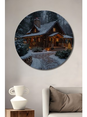 Teona Ahşap Kış Masalı Kütük Ev Yağlı Boya Görünümlü Ahşap Dekoratif Tablo Yuvarlak Duvar Tablosu