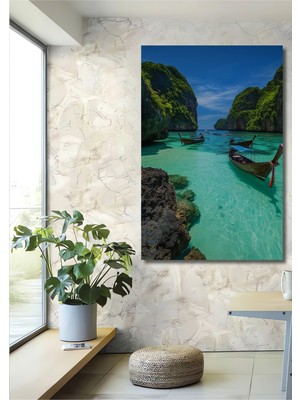 Teona Ahşap Tropik Cennet Tekne Manzarası Yağlı Boya Görünümlü Ahşap Dekoratif Ev,antre,salon,ofis,mutfak Tablo