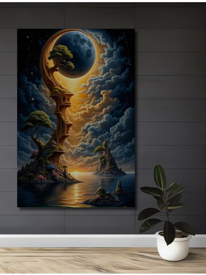 Teona Ahşap Fantastik Orman Ağacı ve Ay Manzaralı Yağlı Boya Görünümlü Ahşap Dekoratif Ev,antre,salon Tablo