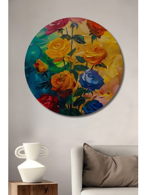 Teona Ahşap Canlı Renklerde Yağlı Boya Görünümlü Gül Buketi Ahşap Dekoratif Tablo Yuvarlak Duvar Tablosu