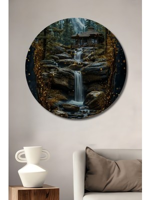 Teona Ahşap Gızemlı Orman Şelalesi Yağlı Boya Görünümlü Ahşap Dekoratif Tablo Yuvarlak Duvar Tablosu