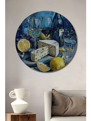 Teona Ahşap Lezzetli Şarap Peynir ve Meyve Tabağı Yağlı Boya Görünümlü Ahşap Dekoratif Tablo Yuvarlak Duvar Tablosu