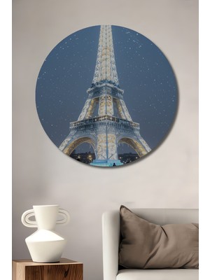 Teona Ahşap Işıklandırılmış Eyfel Kulesi Işıl Işıl Buz Pateni Sahnesi Yağlı Boya Görünümlü Ahşap Dekoratif Tablo Yuvarlak Duvar Tablosu