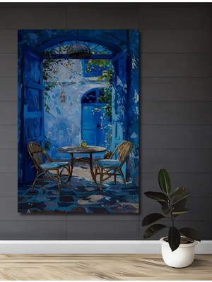 Teona Ahşap Mavi Kapı Eşiğinde Sakin Kafe Manzarası Yağlı Boya Görünümlü Ahşap Dekoratif Ev,antre,salon Tablo