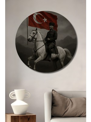 Teona Ahşap Mustafa Kemal Atatürk Atlı Siyah Beyaz Görünümlü Sanat Tablosu Yuvarlak Duvar Tablosu