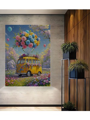 Teona Ahşap Sarı Vosvos ve Çiçek Balonları Yağlı Boya Görünümlü Dekoratif Ahşap Ev,antre,salon,ofis Tablo