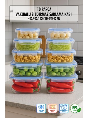 Skygo Dikdörtgen 10 Parça Contalı Vakumlu Sızdırmaz Hava Almaz Saklama Kabı Seti 2X(4000/2300/1400/900/40