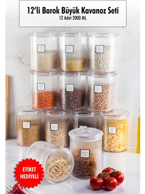 Skygo 12'li Barok Yuvarlak Büyük Kavanoz Seti & Saklama Kabı & Erzak Kabı (12*2000 Ml)