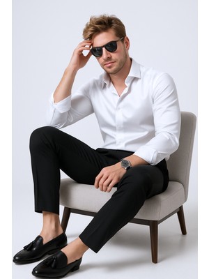 MD1974 Slim Fit Pamuk Saten Gizli Yaka Düğmeli Kolay Ütülenebilir Beyaz Erkek Gömlek