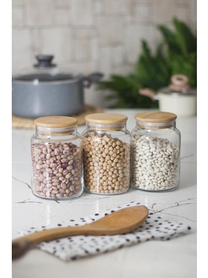 Skygo 3 Lü Set Bambu Kapaklı Cam Kavanoz & Erzak Saklama Kabı 800 ml Orta Boy ( Vakum Kapak )