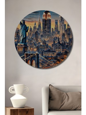 Teona Ahşap New York Ihtişamı Yağlı Boya Görünümlü Ahşap Dekoratif Tablo Yuvarlak Duvar Tablosu