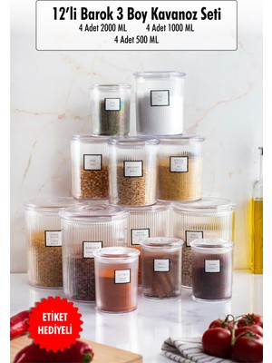 Skygo 12'li Barok Yuvarlak 3 Boy Kavanoz Seti & Saklama Kabı & Erzak Kabı (4*2000 Ml, 4*1000 Ml, 4*500 ml